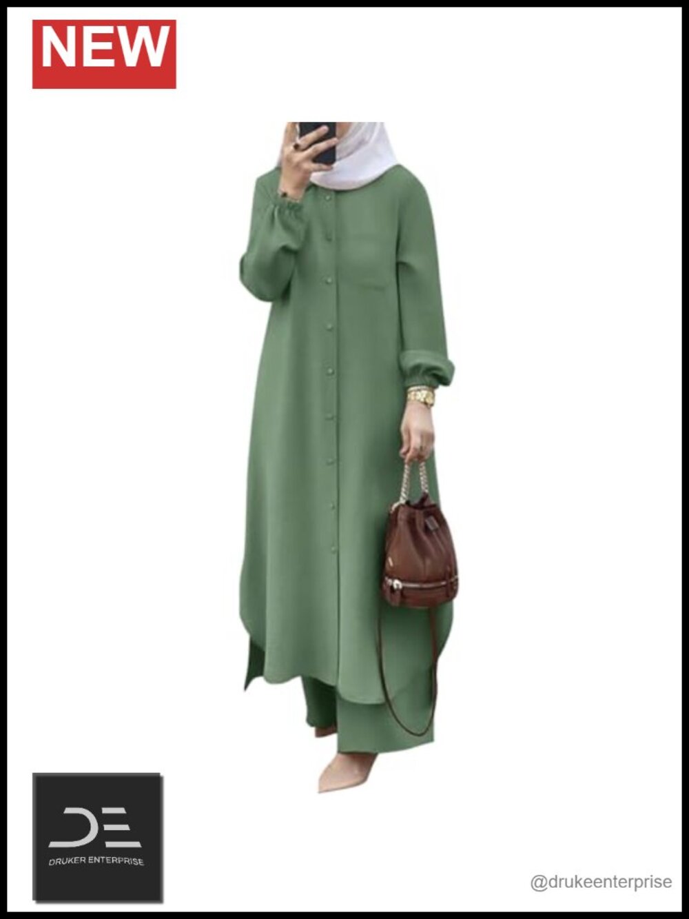 Women's Muslim 2-Piece Set Long Sleeve Button Down Shirt & Pants Abaya